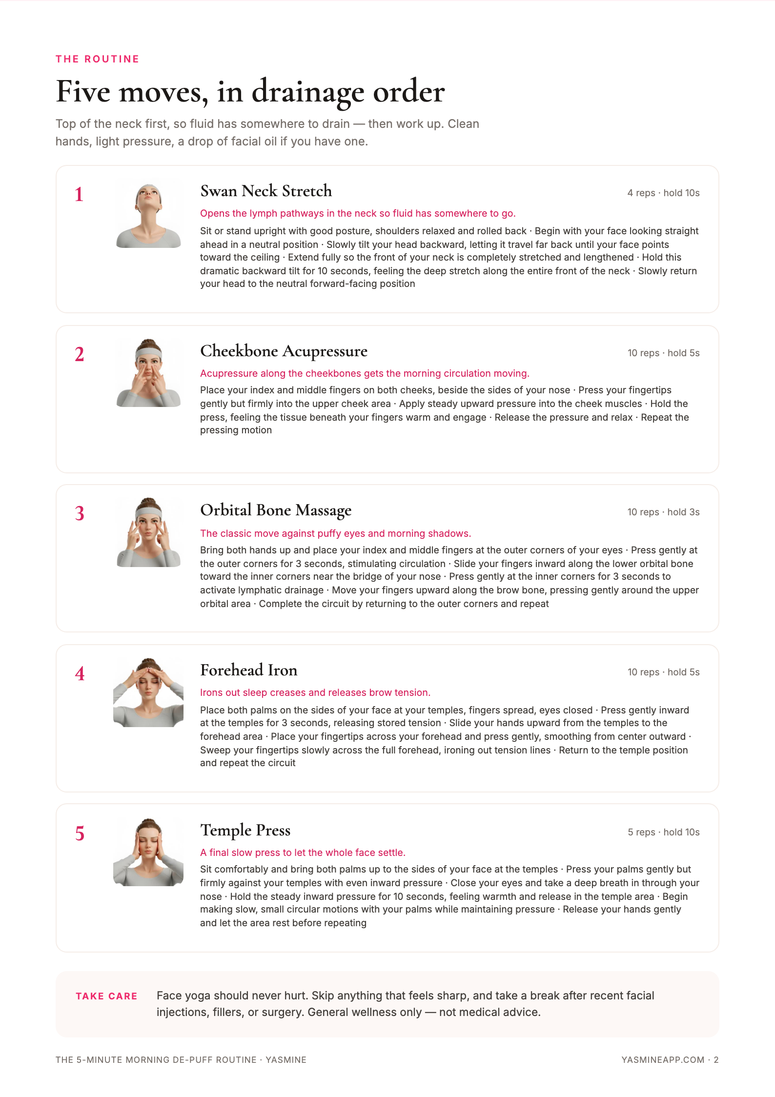 The routine page with five massage moves, photos, and short cues