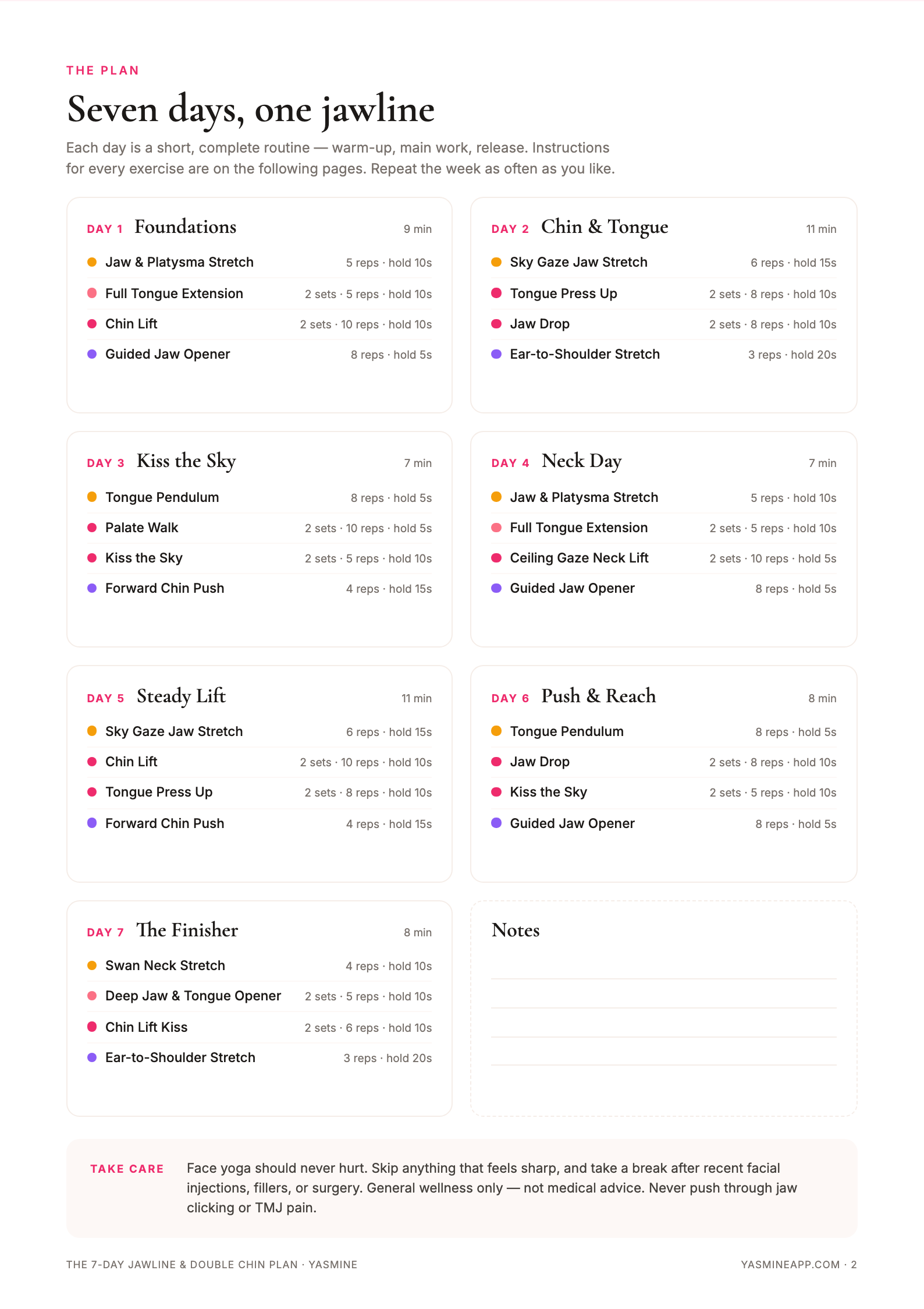 A daily plan page from the jawline booklet with exercises and photos