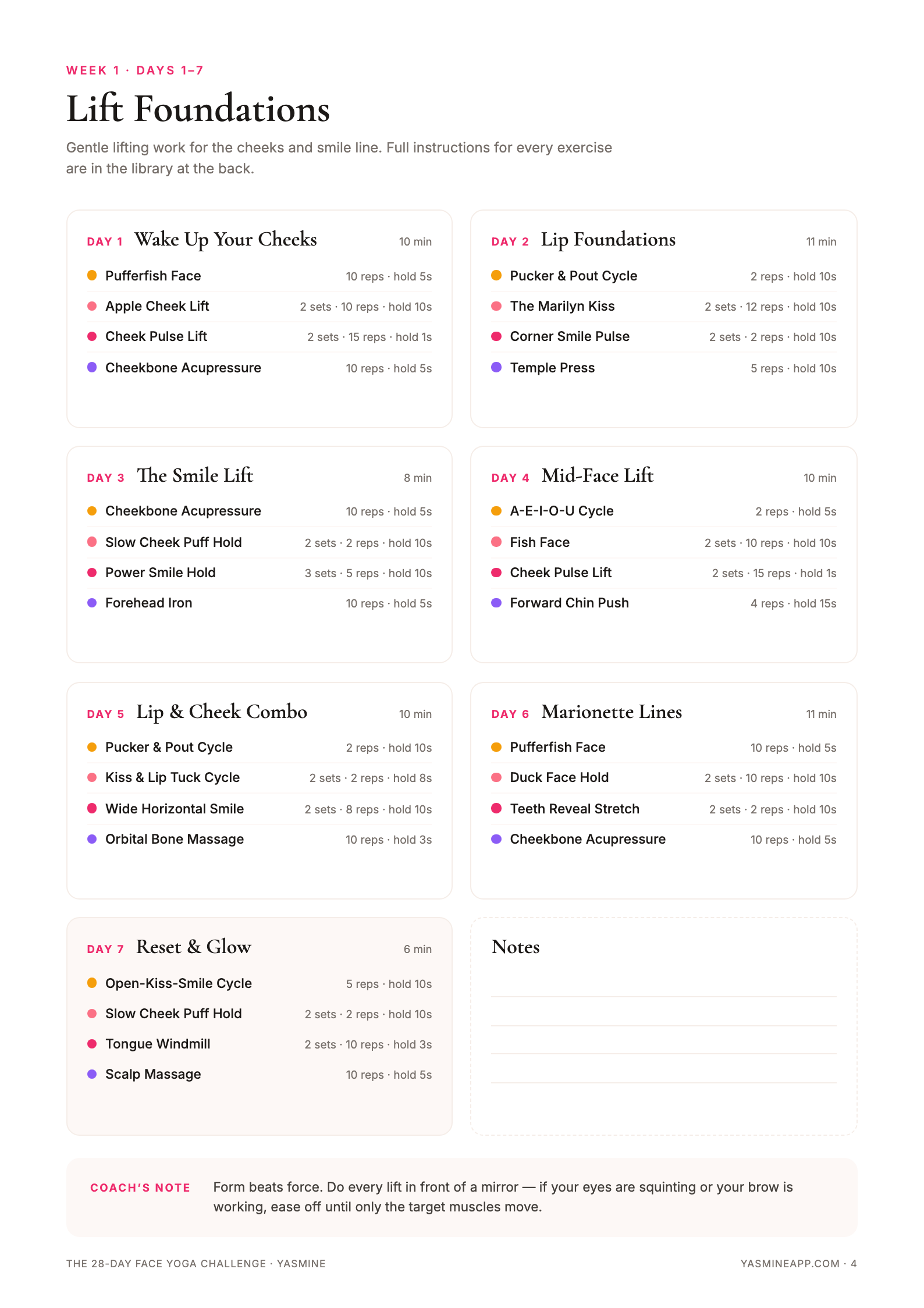 Daily routines with sets, reps, and holds