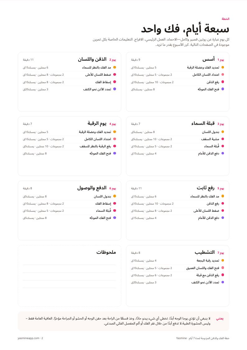صفحة خطة يومية من كتيّب الفك مع تمارين وصور