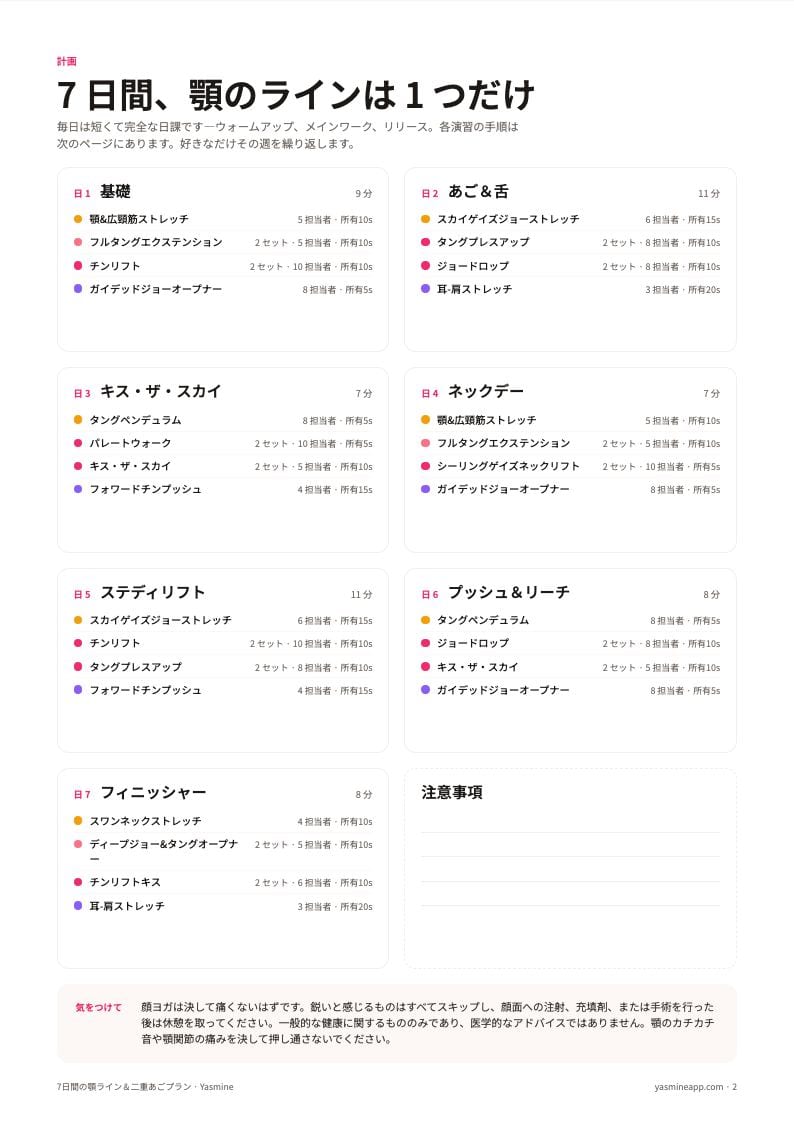 フェイスラインブックレットのデイリープランページ(エクササイズと写真付き)