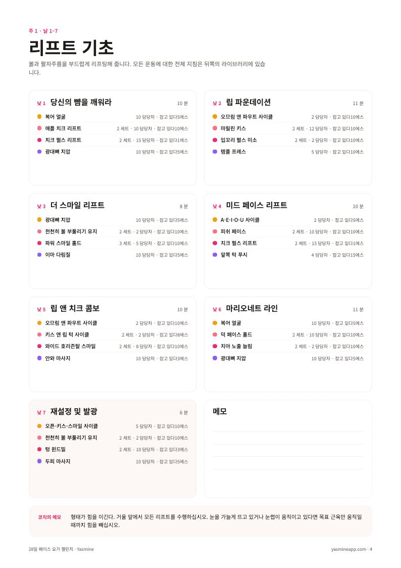 세트·반복·유지 시간이 담긴 일별 루틴