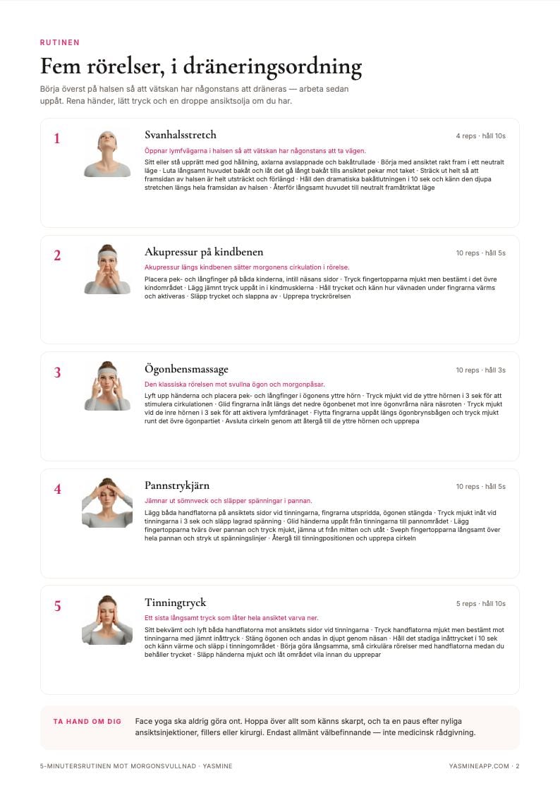 Rutinsidan med fem massagerörelser, foton och korta instruktioner