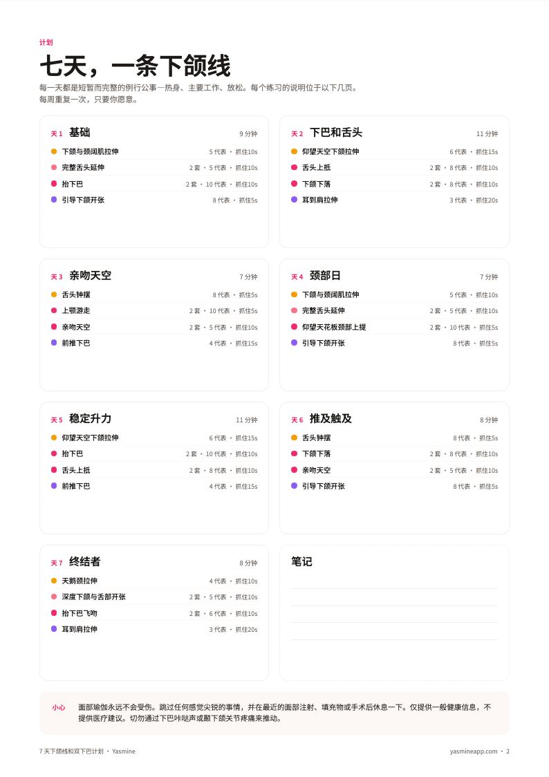 下颌线小册子中带有动作和照片的每日计划页