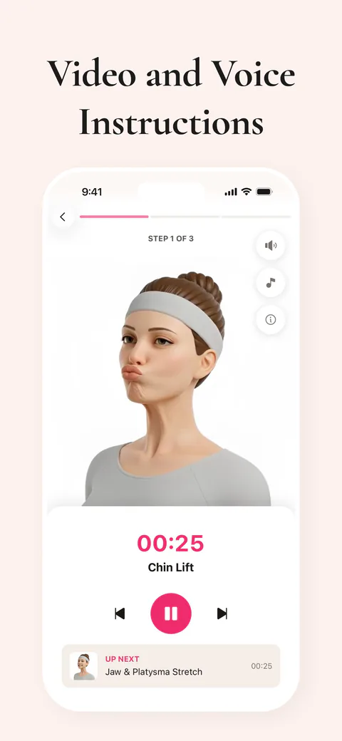 Yasmine guided chin-lift exercise with video and voice controls