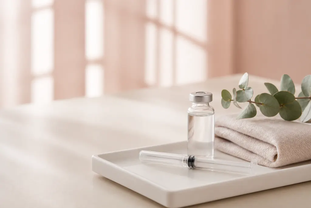 A cosmetic vial and syringe resting on a clean tray beside a folded towel and eucalyptus