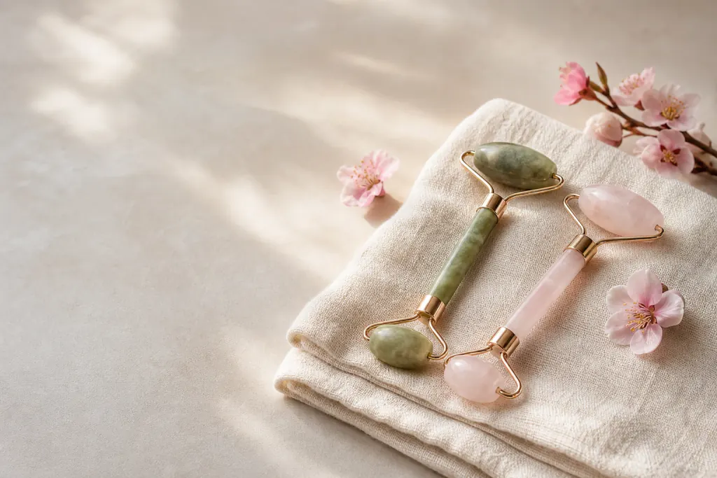 A jade roller and a rose-quartz roller on folded linen beside cherry blossoms