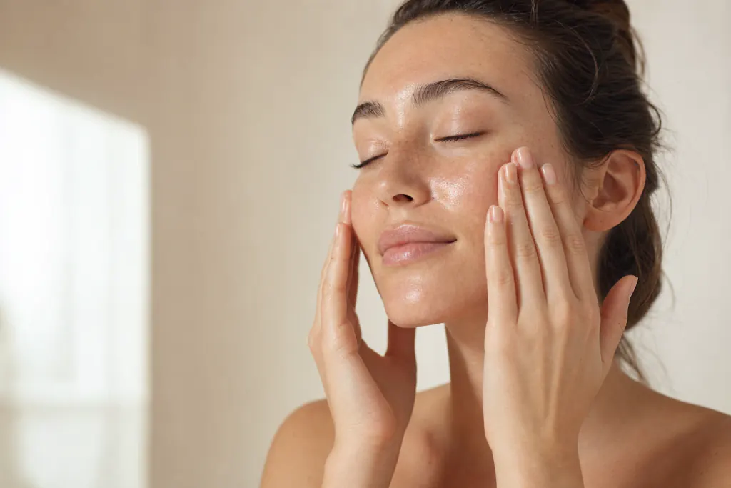 A woman massaging her cheeks with her fingertips, eyes closed