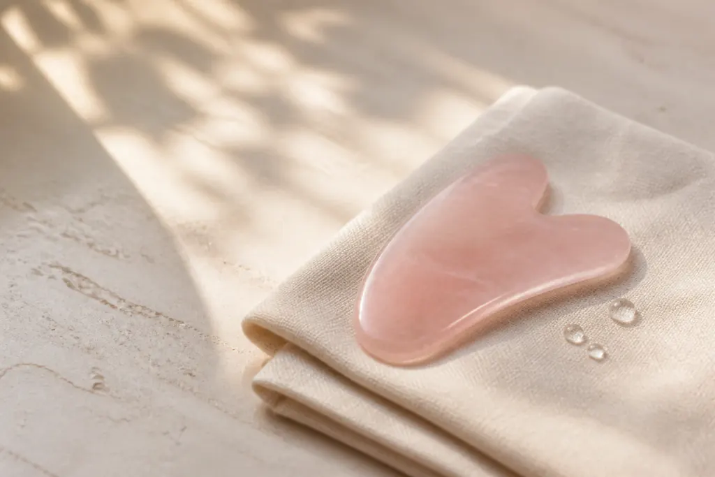 A rose-quartz gua sha stone on a folded linen cloth with drops of facial oil