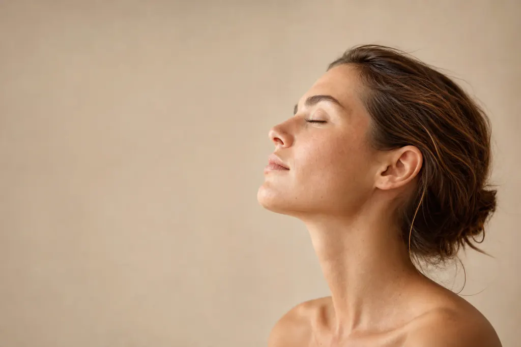 Side profile of a woman with a relaxed, defined jawline and chin gently lifted