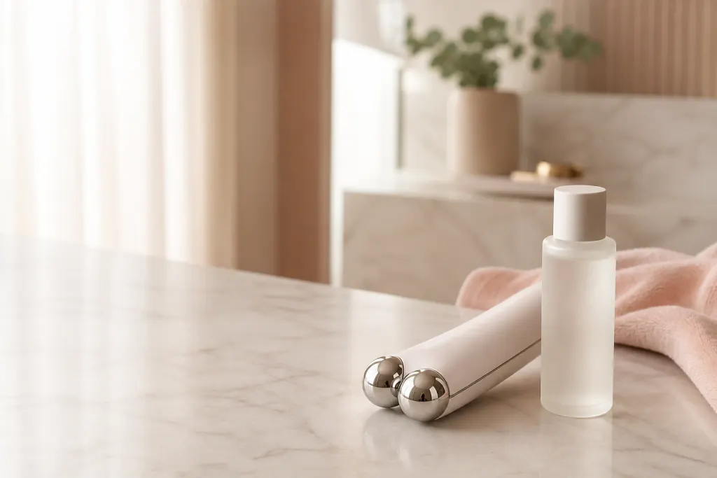 A handheld microcurrent facial device with metal spheres beside a bottle of gel on marble