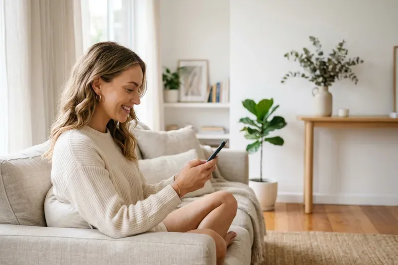 Woman looking at Yasmine face yoga app on phone