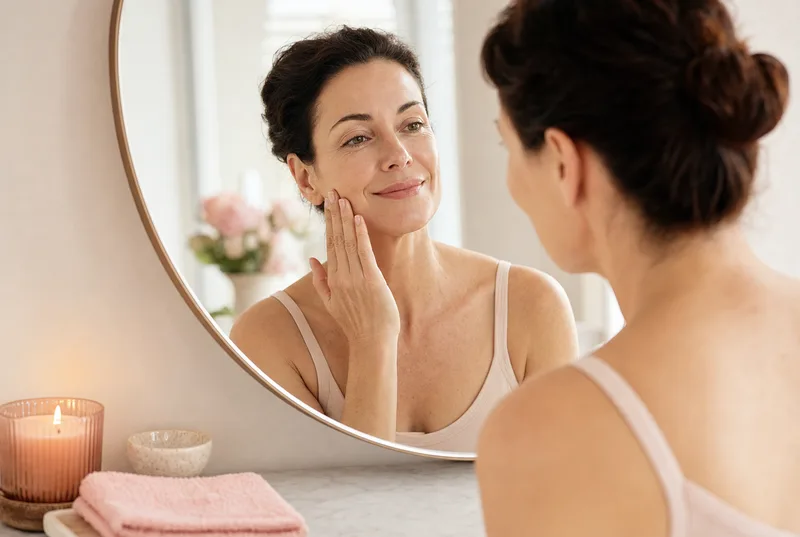 Woman beginning her first face yoga session at a vanity mirror with clean skin