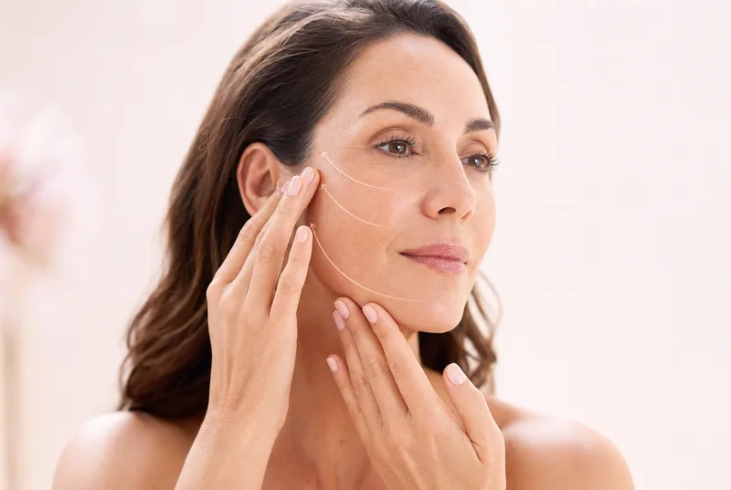 Woman in soft light gliding her fingertips along her cheek and jaw in a face yoga massage