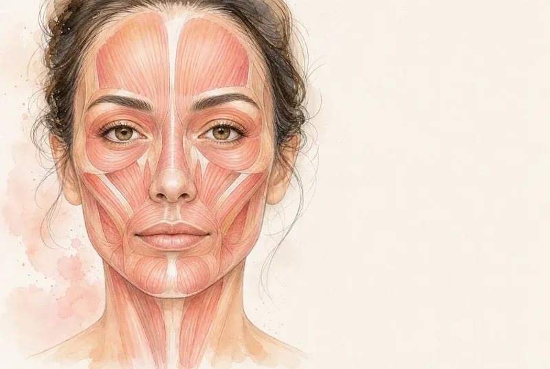 Watercolor illustration of the facial muscles, including the frontalis, orbicularis oculi, and zygomaticus