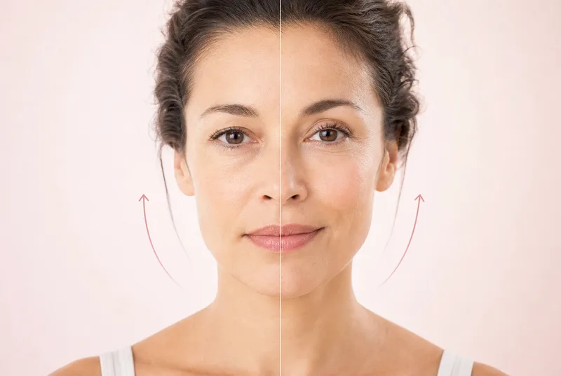 Split portrait comparing a relaxed cheek muscle with an engaged, lifted hold, with movement arrows